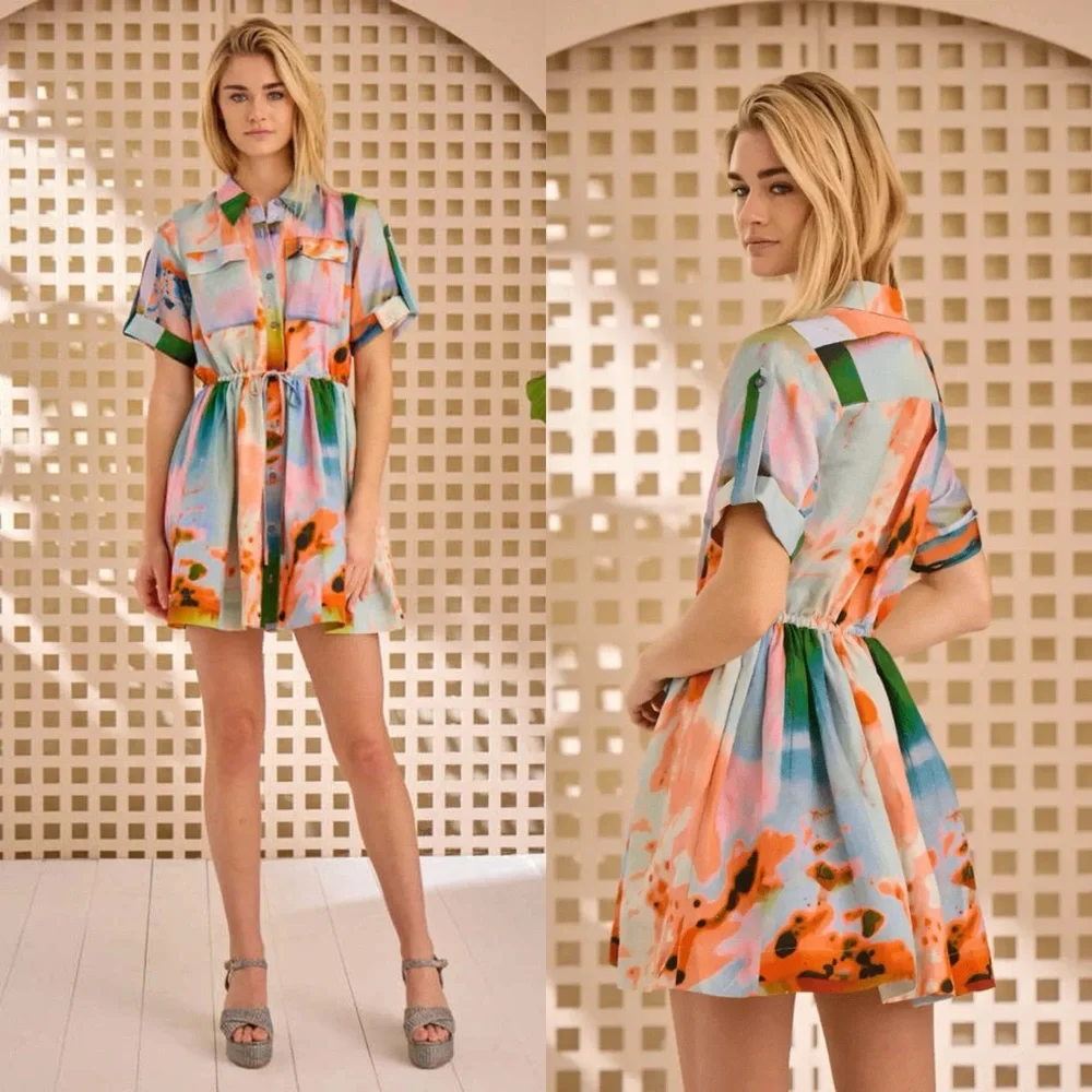 Hunter Bell Peyton Linen Blend Shirt Dress Drawstring Waist Size Medium NWT - Picture 4 of 15